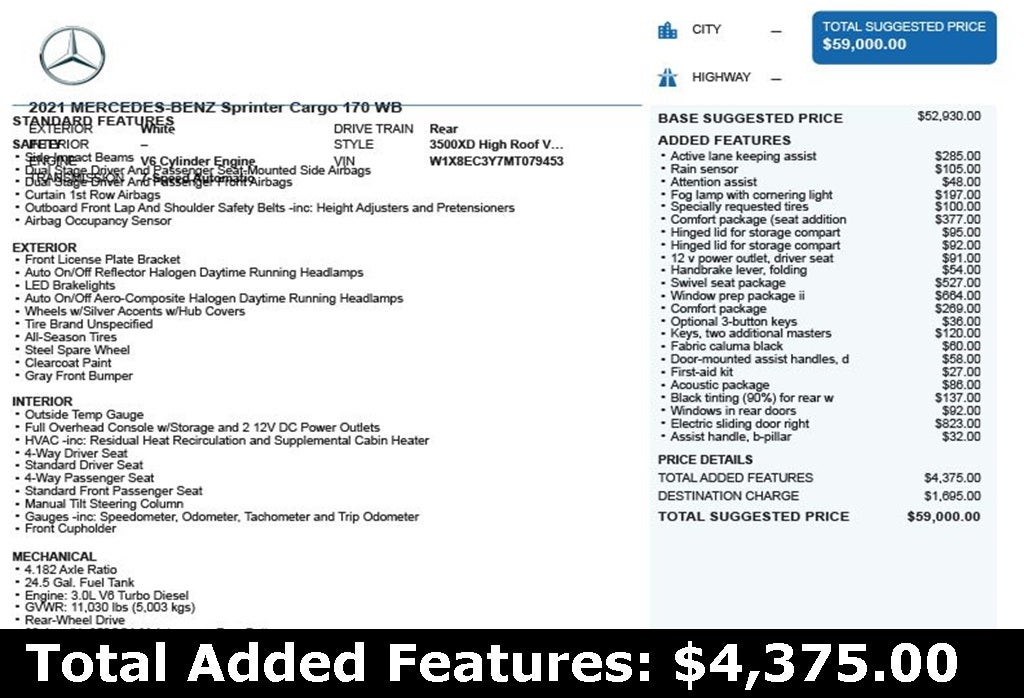 2021 Mercedes-Benz Sprinter 3500 Cargo 170 WB High Roof