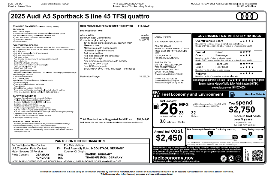 2025 Audi A5 Sportback 45 S line Premium Plus quattro