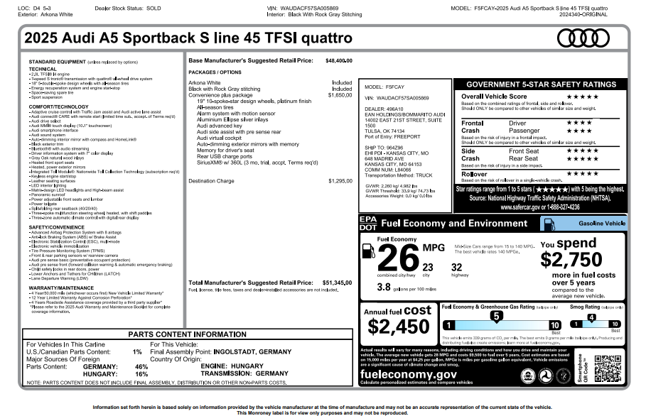 2025 Audi A5 Sportback 45 S line Premium Plus quattro